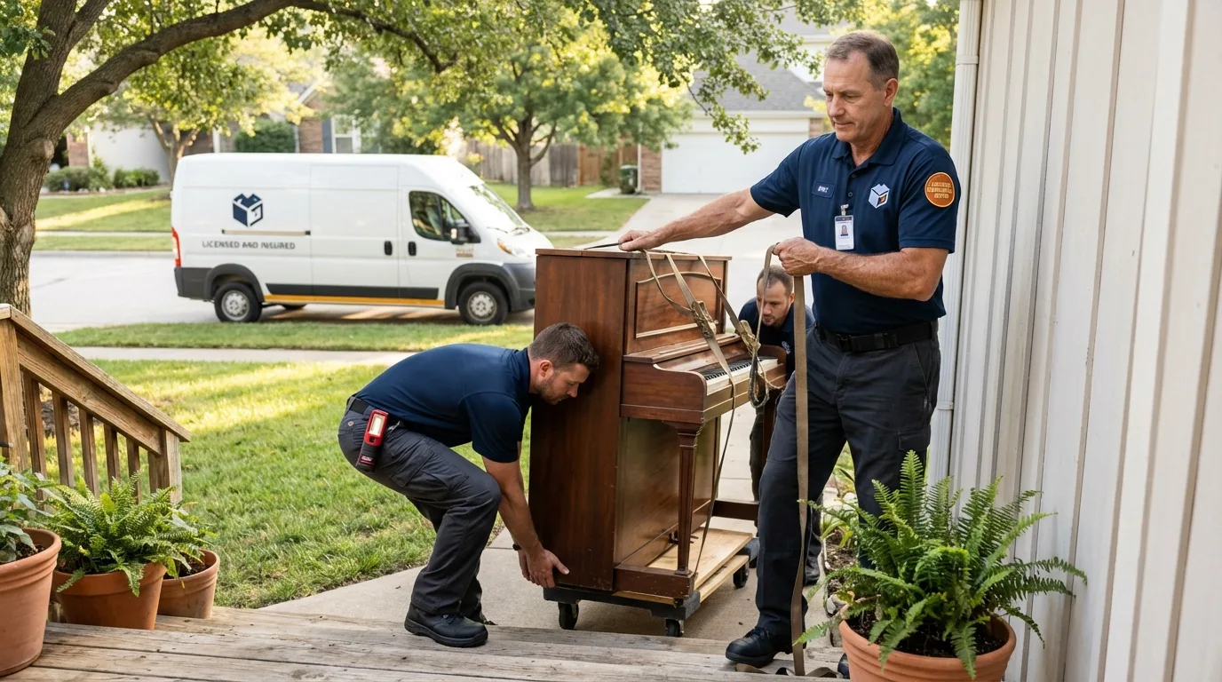 Licensed piano movers securing grand piano in Dillingham, AK