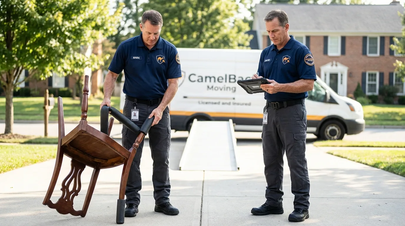 Movers inspecting furniture for damage prevention before loading in Dillingham, AK
